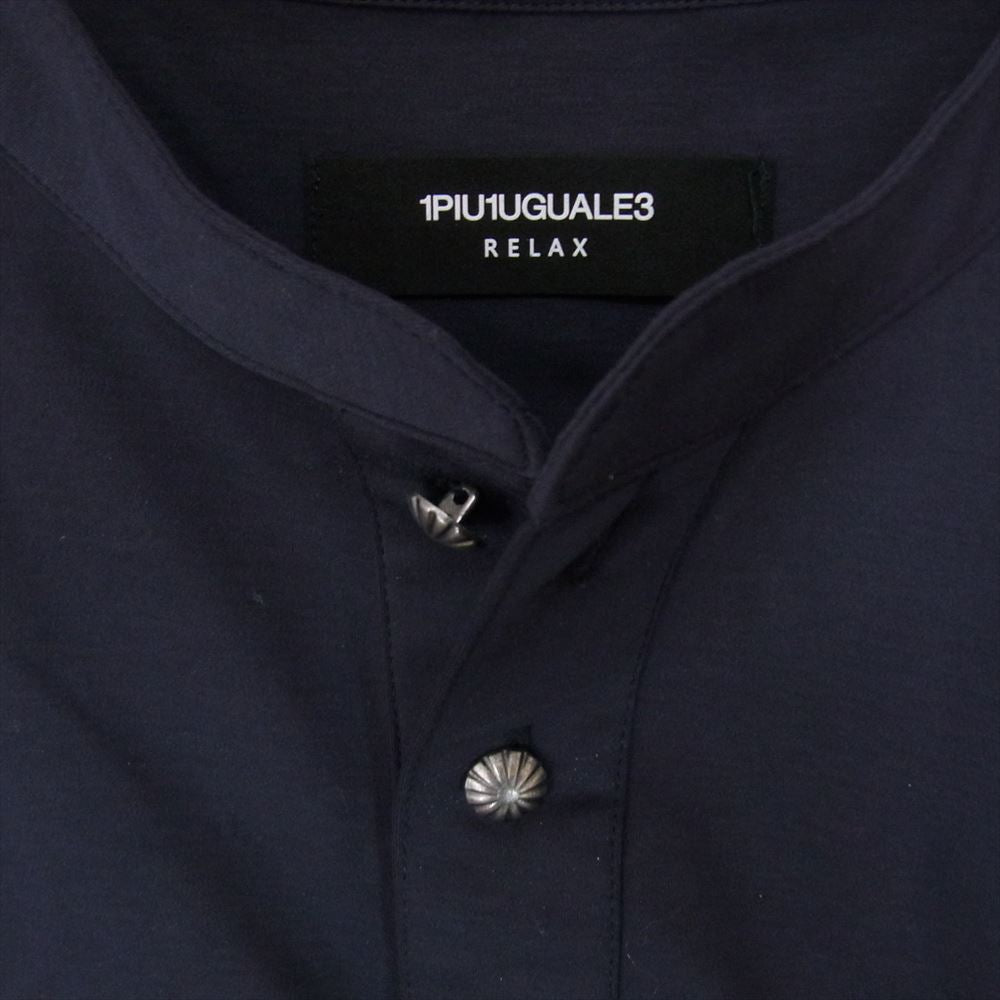 1piu1uguale3 ウノピュウノウグァーレトレ RELAX リラックス コットン コンチョボタン ノーカラー シャツ ネイビー系 XL【極上美品】【中古】