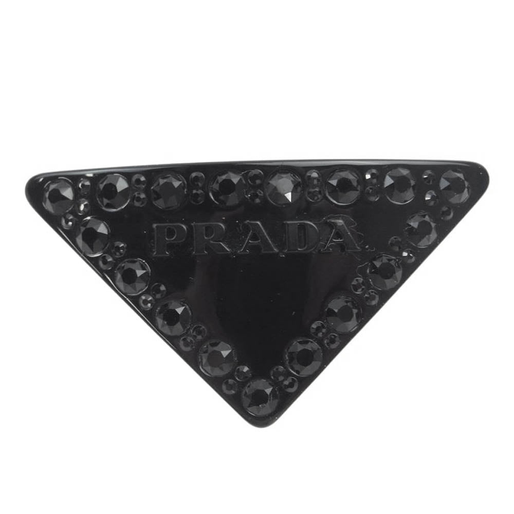 PRADA プラダ FERMAGLI IN PLEX CHAIN JEWELS 三角ロゴプレート トライアングル ラインストーン ヘアピン ヘアクリップ NERO ネロ ブラック系【中古】