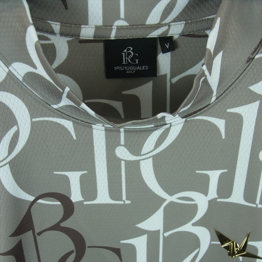1piu1uguale3 ウノピュウノウグァーレトレ GRT167 POE398 GOLF ゴルフ S/S MOCK NECK 113G MIX LOGO ミックスロゴ総柄 折り鶴ワッペン 半袖 モックネック Tシャツ カットソー グレー系 緑がかったグレー系 5 Ⅴ【美品】【中古】