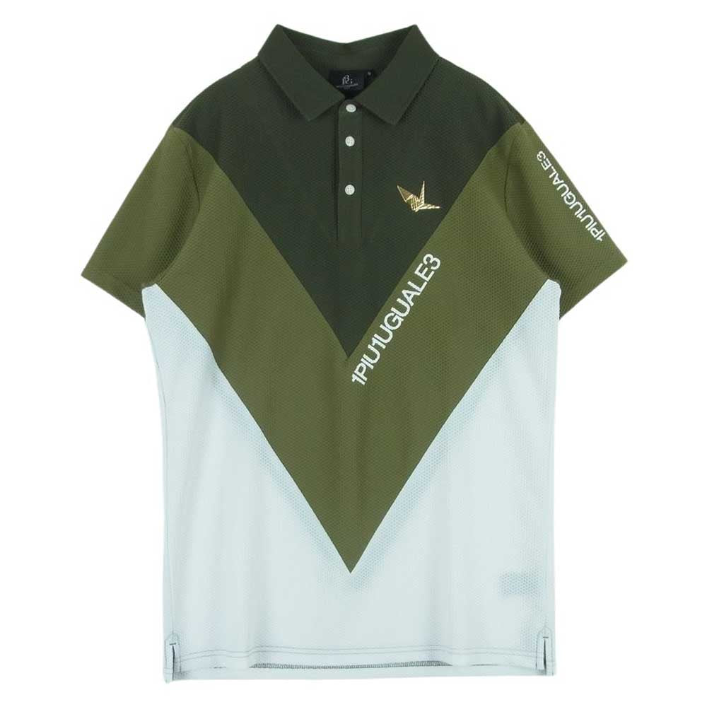 1piu1uguale3 ウノピュウノウグァーレトレ GRT179 POE399 113 GOLF ゴルフ S/S POLO VICTORY SWITCH 折り鶴ロゴワッペン ビクトリースウィッチ ダイヤグラデーション切替 半袖 ポロシャツ グリーン系 ホワイト系 4 Ⅳ【中古】