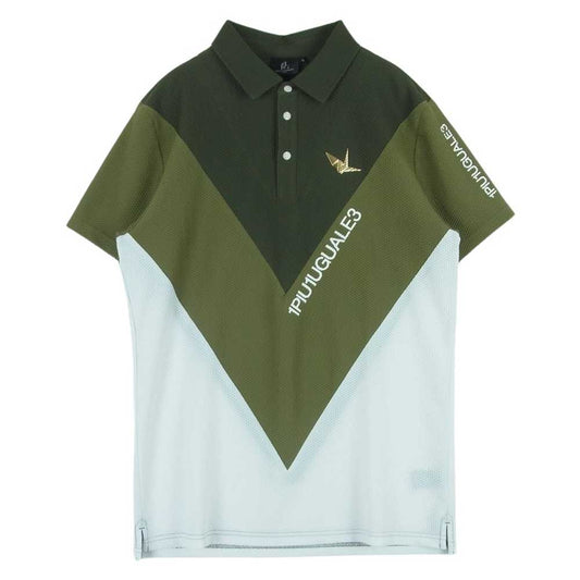 1piu1uguale3 ウノピュウノウグァーレトレ GRT179 POE399 113 GOLF ゴルフ S/S POLO VICTORY SWITCH 折り鶴ロゴワッペン ビクトリースウィッチ ダイヤグラデーション切替 半袖 ポロシャツ グリーン系 ホワイト系 4 Ⅳ【中古】