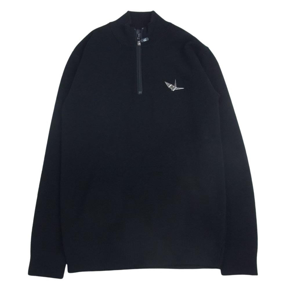 1piu1uguale3 ウノピュウノウグァーレトレ GRK022 WOL122 MIDDLE GAUGE ZIP NECK KNIT 折り鶴ロゴワッペン ハーフジップ ニット ブラック系 4【中古】