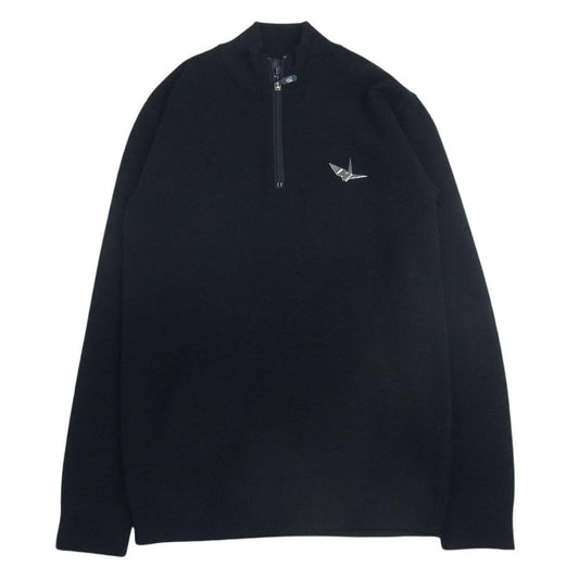 1piu1uguale3 ウノピュウノウグァーレトレ GRK022 WOL122 MIDDLE GAUGE ZIP NECK KNIT 折り鶴ロゴワッペン ハーフジップ ニット ブラック系 4【中古】