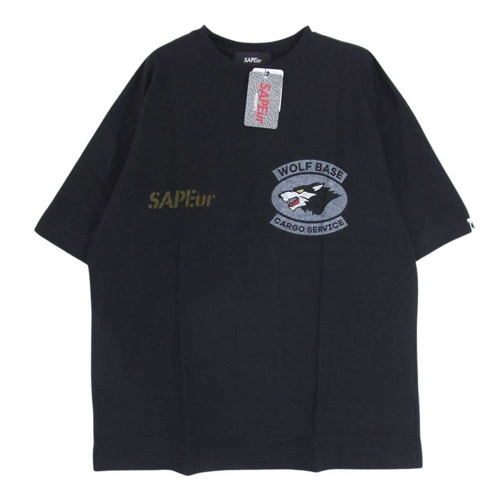 サプール WOLF BASE プリント 丸首 クルーネック Tシャツ 半袖 ブラック系 L【新古品】【未使用】【中古】