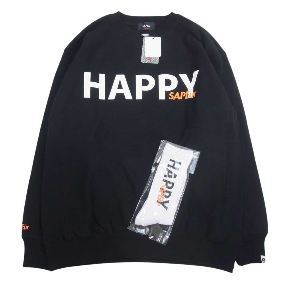 サプール A0023-424 Everyday HAPPY エブリデイ ハッピー セット プリント スウェット クルーネック ソックス 靴下 2点 セット  ブラック系 XL【新古品】【未使用】【中古】
