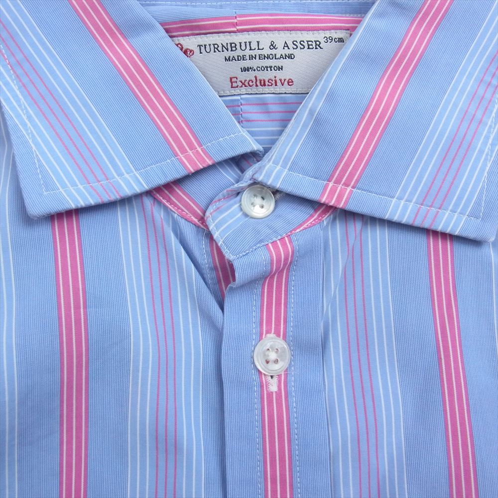 ターンブル＆アッサー イギリス製 ワイドカラー ロンドン ストライプ 長袖 シャツ ブルー系 15.5【中古】