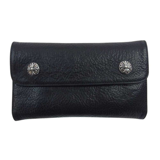 CHROME HEARTS クロムハーツ（原本無） AMS購入証明書付属 WAVE CROSS BUTTON ウェーブ クロスボタン レザー ロングウォレット 長財布 ブラック系【中古】