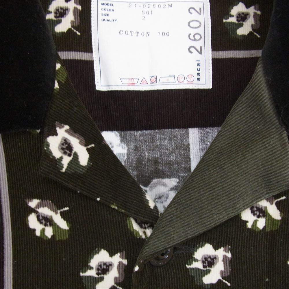 Sacai サカイ 21-02602M FLORAL PRINT SHIRT フローラル プリント コーデュロイ 半袖 シャツ カーキ系 2【中古】
