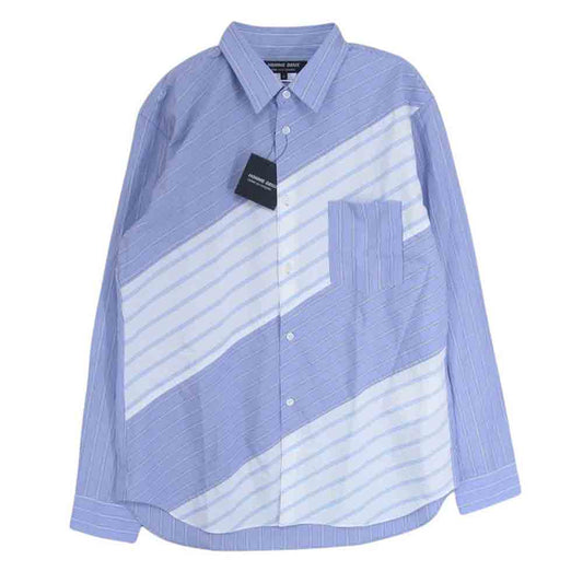 COMME des GARCONS HOMME DEUX コムデギャルソンオムドゥ AD2023 DL-B036-051-1-5 パッチワーク ストライプ 長袖 シャツ ブルー系 L【新古品】【未使用】【中古】