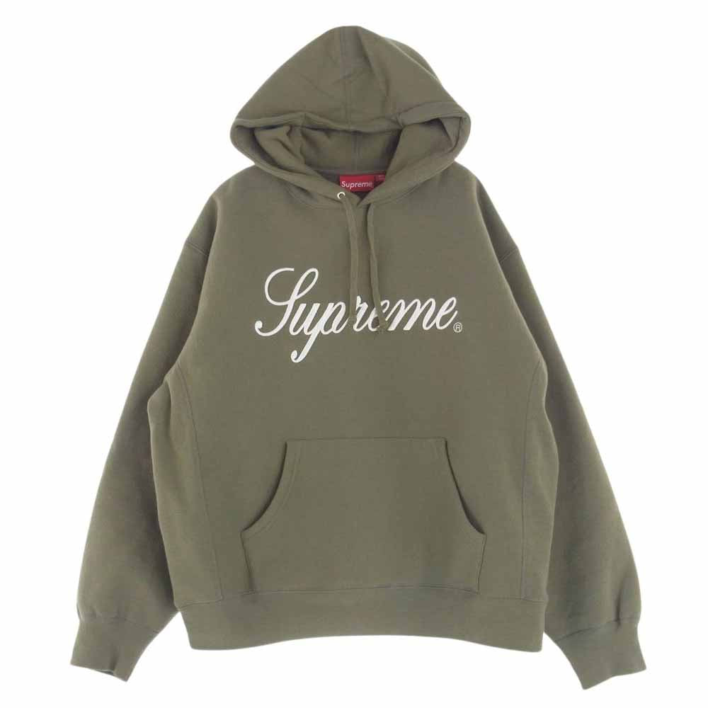 Supreme シュプリーム 23AW Raised Script Hooded Sweatshirt レイズド スクリプト フーデッド スウェットシャツ ロゴ刺繍 パーカー フーディー カーキ系 M【中古】