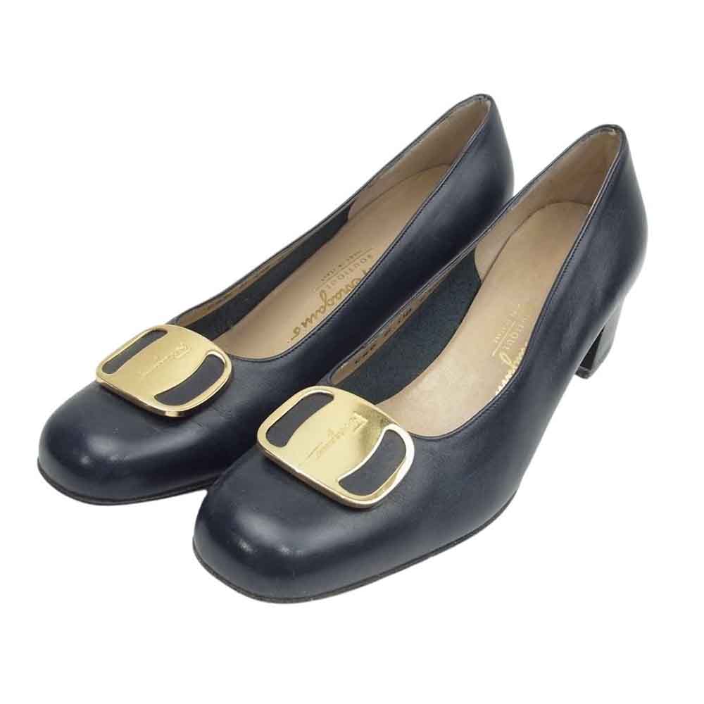 Salvatore Ferragamo サルヴァトーレフェラガモ ヴァラプレート スクエアトゥ パンプス ブラック系 6【中古】