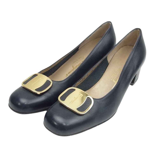 Salvatore Ferragamo サルヴァトーレフェラガモ ヴァラプレート スクエアトゥ パンプス ブラック系 6【中古】