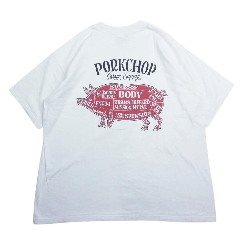 ポークチョップガレージサプライ ピッグ 部位 バックプリント 半袖 Tシャツ レッド ロゴ ホワイト系 L【中古】