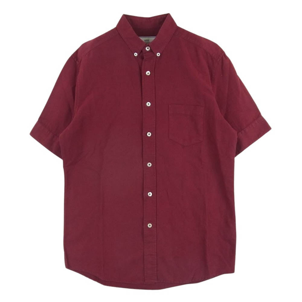 アミ 国内正規品 AMI PARIS アミパリス リネンコットン ボタンダウン 半袖 シャツ ワインレッド系 39【中古】