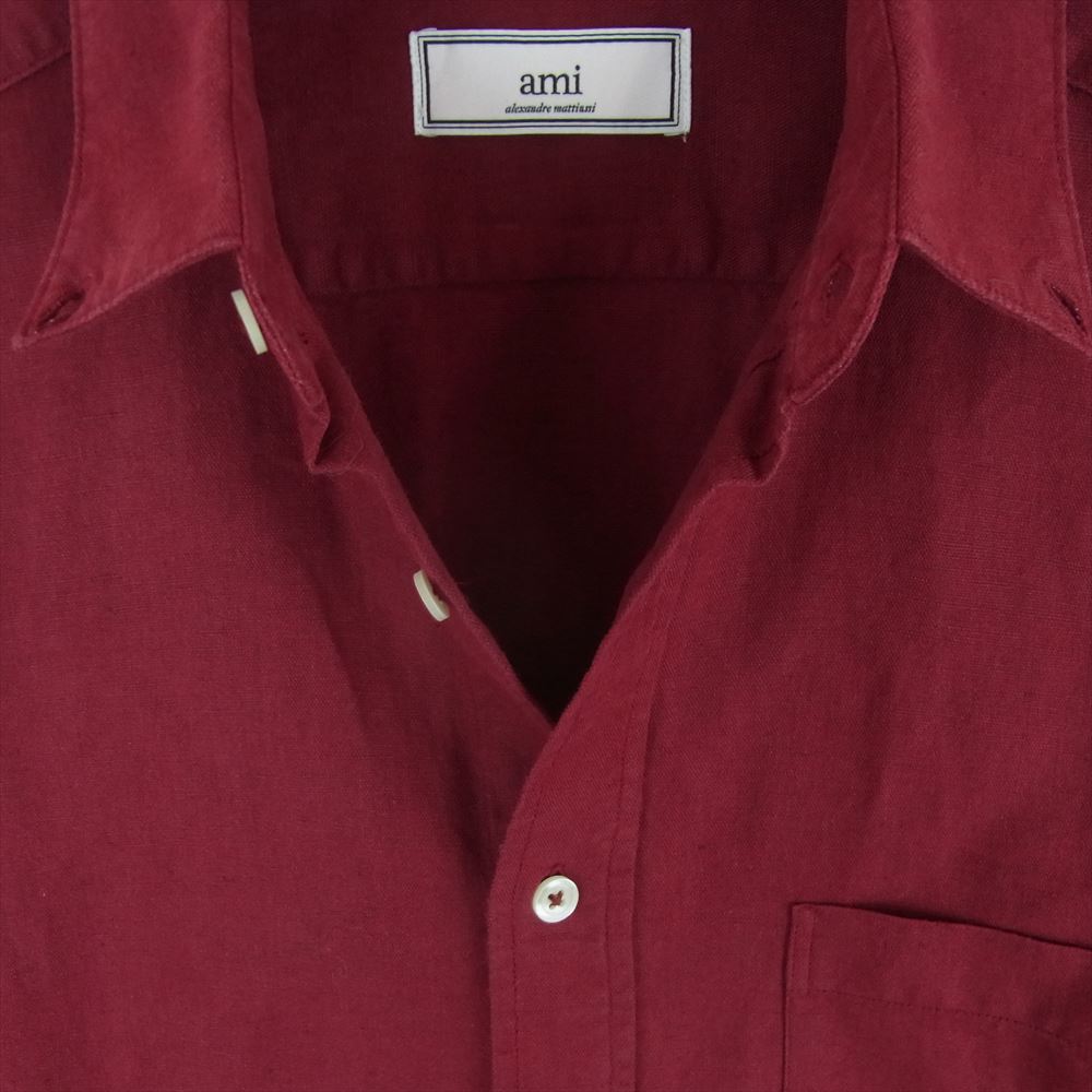 アミ 国内正規品 AMI PARIS アミパリス リネンコットン ボタンダウン 半袖 シャツ ワインレッド系 39【中古】