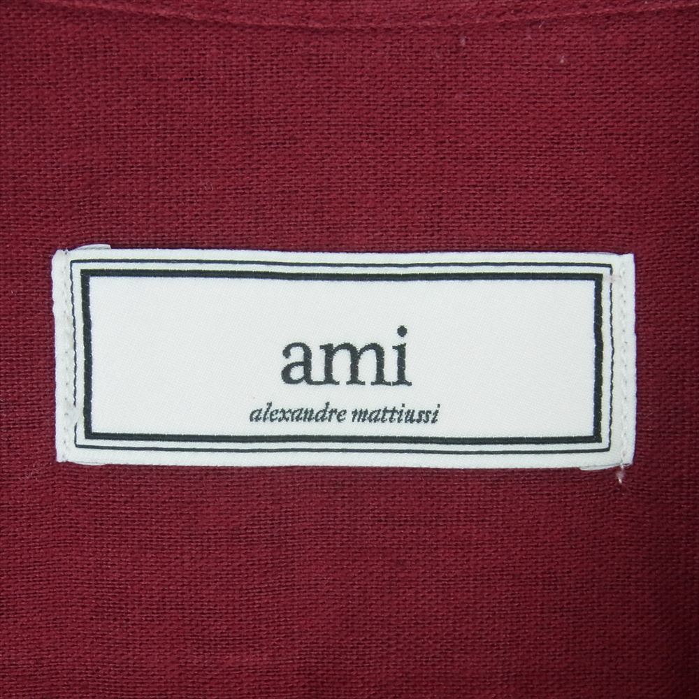 アミ 国内正規品 AMI PARIS アミパリス リネンコットン ボタンダウン 半袖 シャツ ワインレッド系 39【中古】