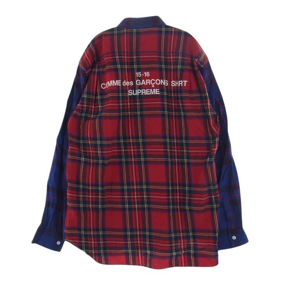 Supreme シュプリーム 15AW × COMME des GARCONS SHIRT Button-Down Shirt コムデギャルソン バックロゴプリント チェック 長袖 シャツ ブルー系 レッド系 M【中古】