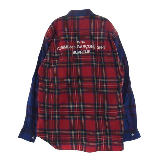 Supreme シュプリーム 15AW × COMME des GARCONS SHIRT Button-Down Shirt コムデギャルソン バックロゴプリント チェック 長袖 シャツ ブルー系 レッド系 M【中古】