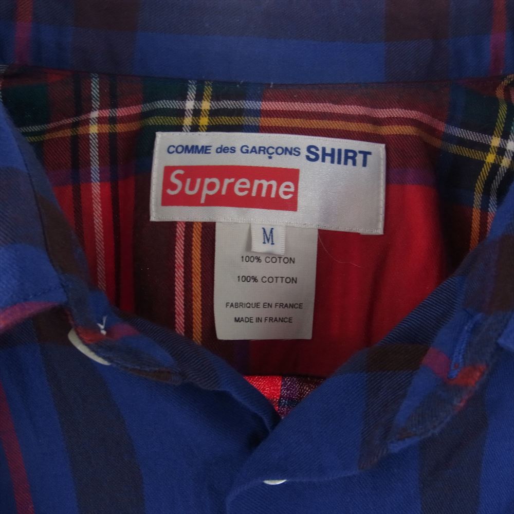 Supreme シュプリーム 15AW × COMME des GARCONS SHIRT Button-Down Shirt コムデギャルソン バックロゴプリント チェック 長袖 シャツ ブルー系 レッド系 M【中古】