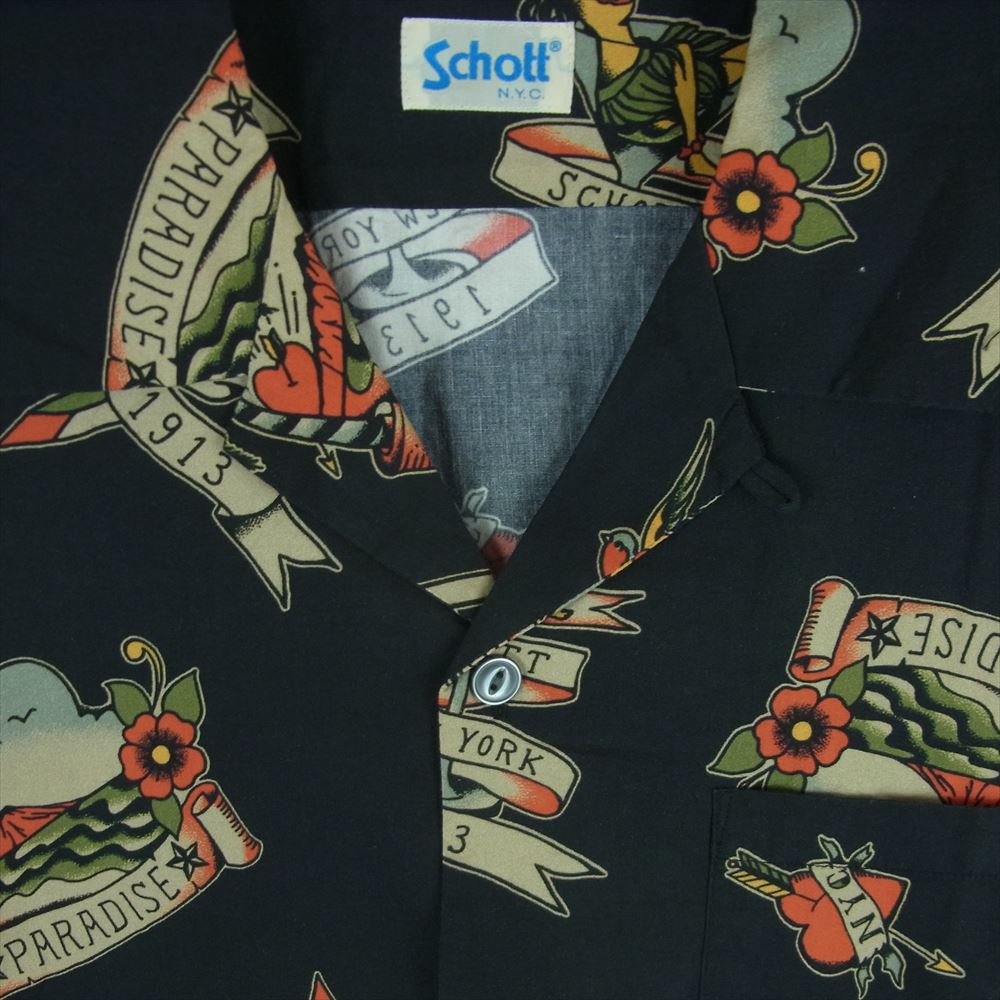 schott ショット 3115054 HAWAIIAN LS SHIRT TATTOO ハワイアン タトゥー オープンカラー 長袖 シャツ ブラック系 M【中古】