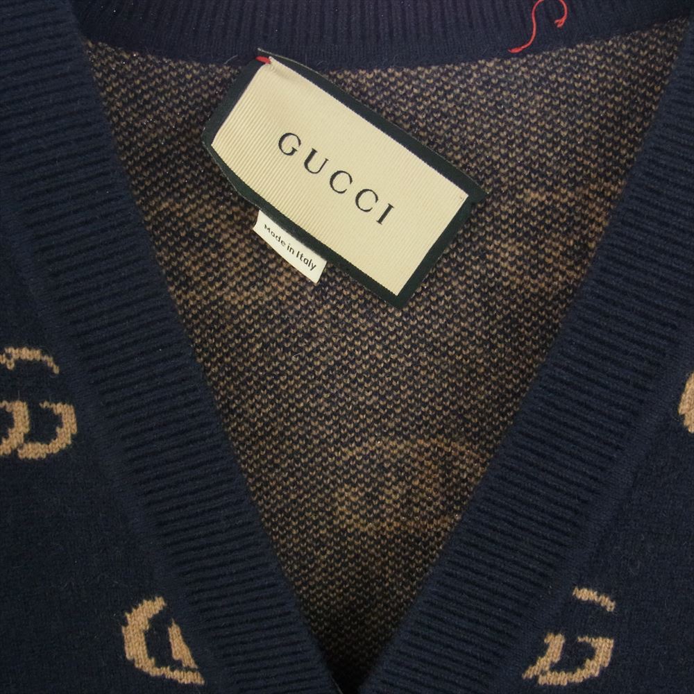 GUCCI グッチ 645291 ウール ジャガード ダブルG ニット カーディガン ネイビー ネイビー系 L【新古品】【未使用】【中古】