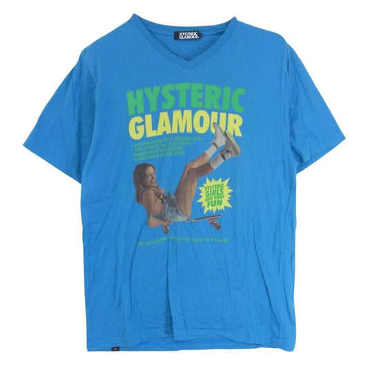 HYSTERIC GLAMOUR ヒステリックグラマー 0251CT07 ロゴ プリント 半袖 Vネック Tシャツ ブルー系 L【中古】