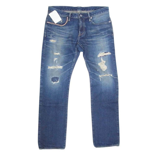 HYSTERIC GLAMOUR ヒステリックグラマー 0221AP04 WU加工 ダメージ リペア ストレート デニム パンツ インディゴブルー系 34【中古】