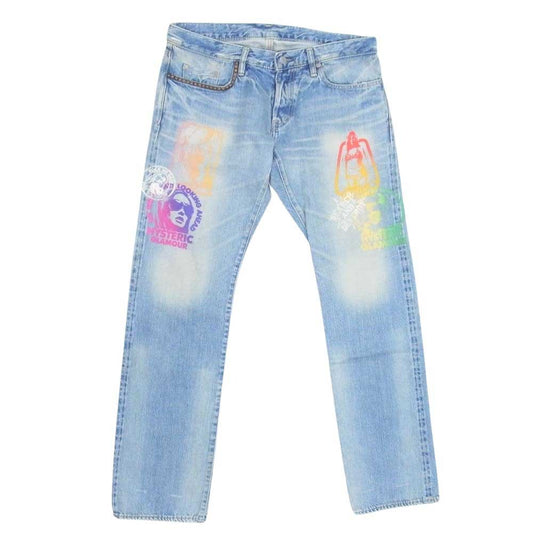 HYSTERIC GLAMOUR ヒステリックグラマー 0213AP07 OSP加工 COLLAGE スタッズ ガール プリント デニム パンツ インディゴブルー系 34【中古】