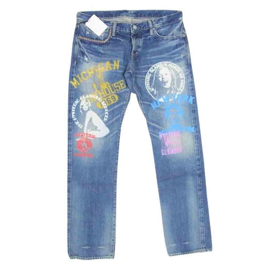 HYSTERIC GLAMOUR ヒステリックグラマー 0211AP10 SP加工 COLLAGE ペイント ウォッシュ ダメージ加工 ストレート デニム パンツ インディゴブルー系 34【中古】