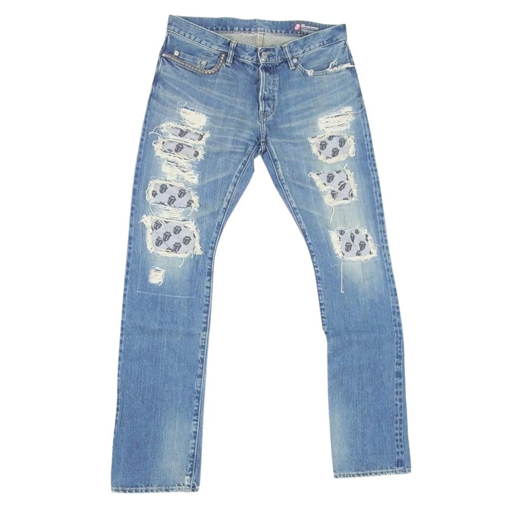 HYSTERIC GLAMOUR ヒステリックグラマー 0241AP14 30周年限定 ROLLING STONES ローリング ストーンズ 総柄 ダメージ リペア 加工スタッズ デニムパンツ インディゴブルー系 34【中古】