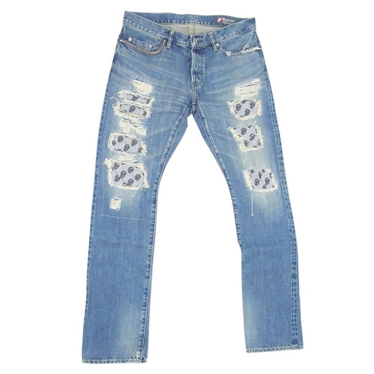 HYSTERIC GLAMOUR ヒステリックグラマー 0241AP14 30周年限定 ROLLING STONES ローリング ストーンズ 総柄 ダメージ リペア 加工スタッズ デニムパンツ インディゴブルー系 34【中古】