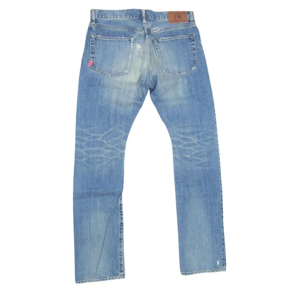 HYSTERIC GLAMOUR ヒステリックグラマー 0241AP14 30周年限定 ROLLING STONES ローリング ストーンズ 総柄 ダメージ リペア 加工スタッズ デニムパンツ インディゴブルー系 34【中古】