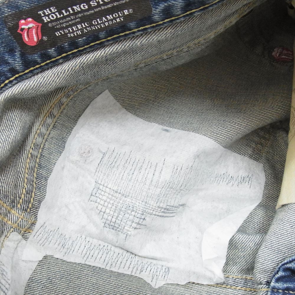 HYSTERIC GLAMOUR ヒステリックグラマー 0241AP14 30周年限定 ROLLING STONES ローリング ストーンズ 総柄 ダメージ リペア 加工スタッズ デニムパンツ インディゴブルー系 34【中古】