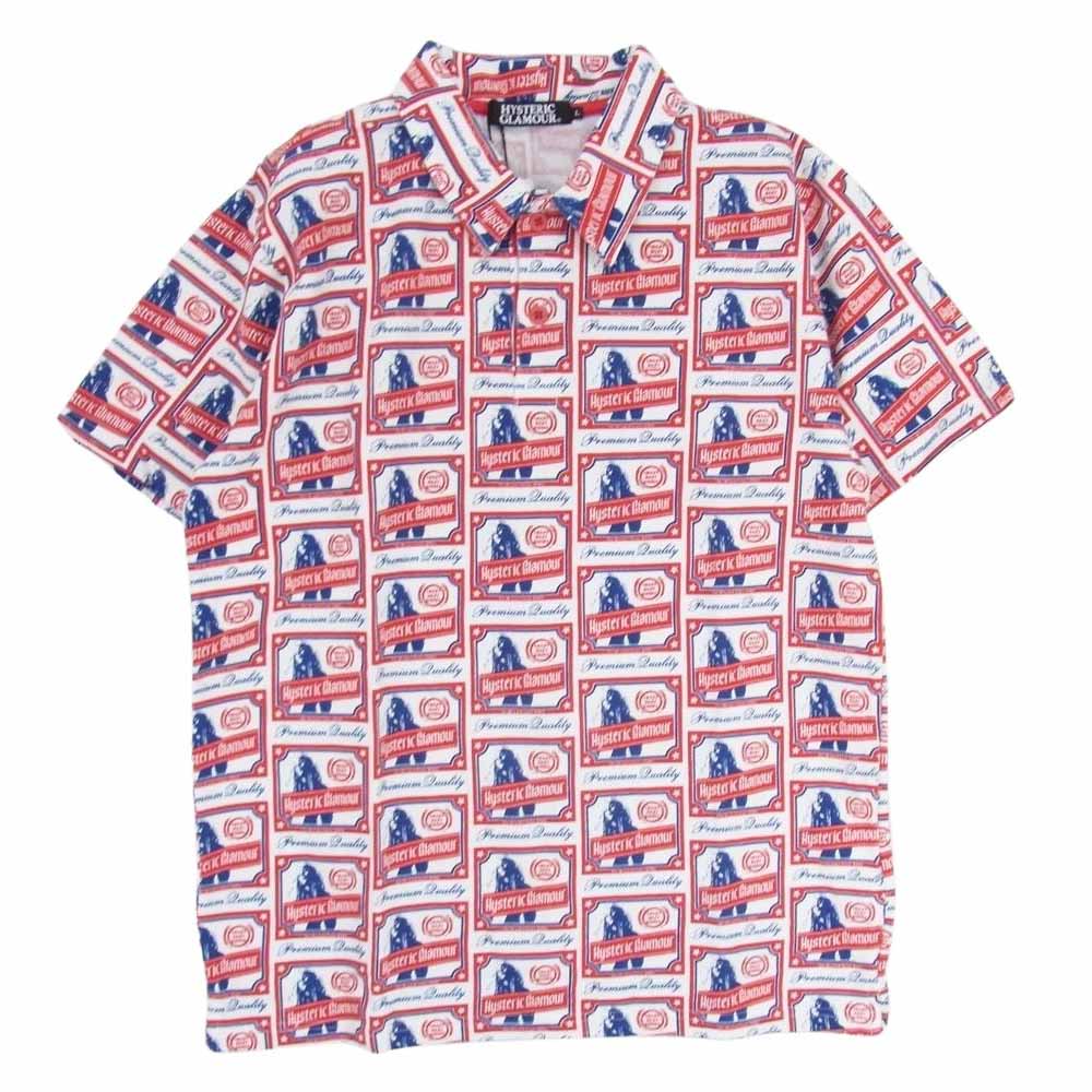 HYSTERIC GLAMOUR ヒステリックグラマー 0231CH02 総柄 ガール ロゴ プリント 半袖 ポロシャツ レッド系 L【新古品】【未使用】【中古】