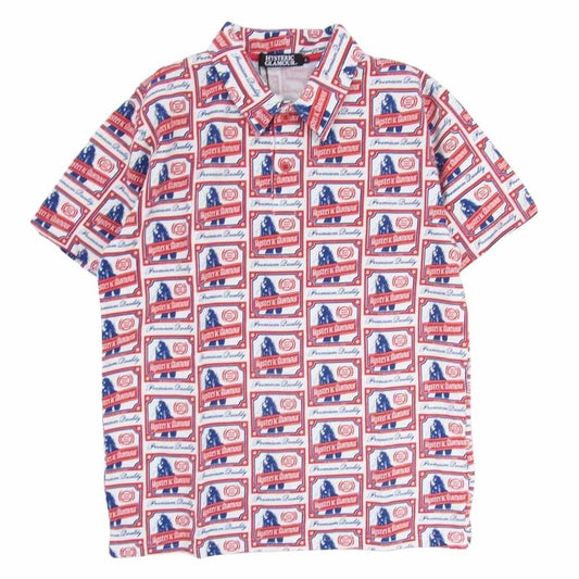 HYSTERIC GLAMOUR ヒステリックグラマー 0231CH02 総柄 ガール ロゴ プリント 半袖 ポロシャツ レッド系 L【新古品】【未使用】【中古】