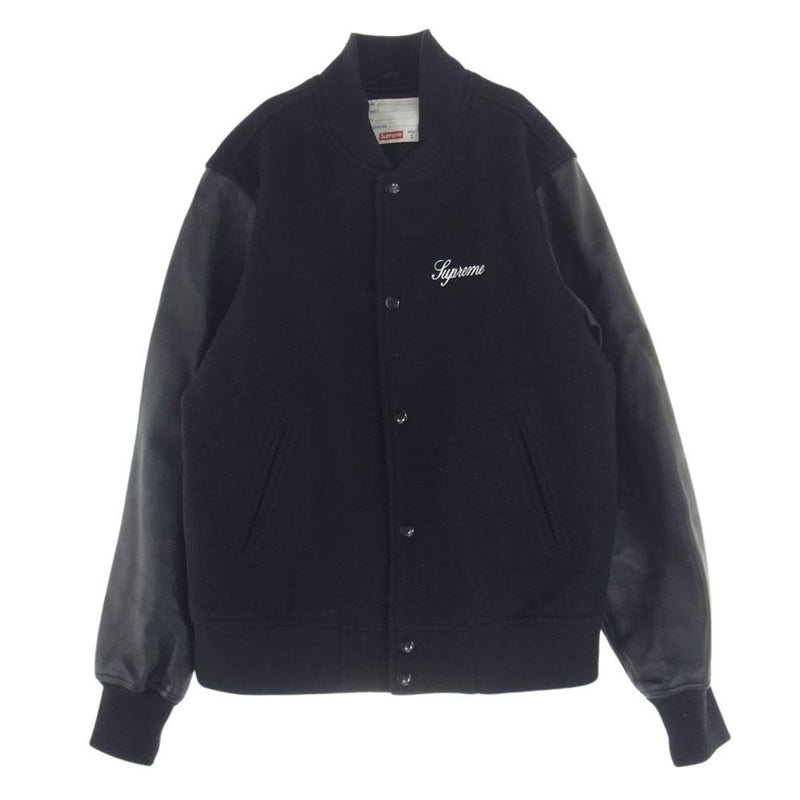 Supreme シュプリーム 15AW Wool Varsity Crew Ceam Jacket ウール ヴァーシティ クルー チーム ジャケット 袖レザー　スタジャン ブラック系 S【中古】