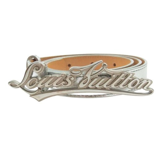 LOUIS VUITTON ルイ・ヴィトン Metallic Silver Leather Logo Narrow Belt 筆記体 ロゴ メタリック ナロー レザー ベルト シルバー系 90/36【中古】