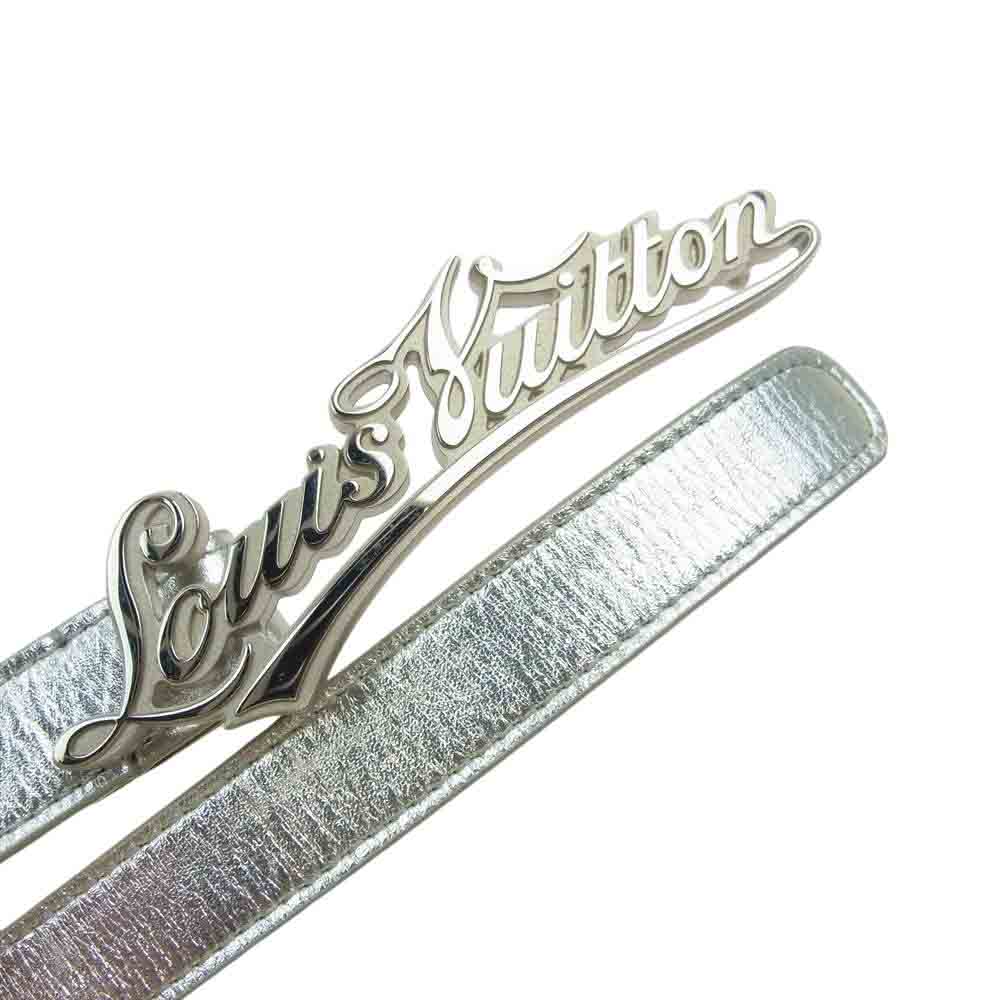 LOUIS VUITTON ルイ・ヴィトン Metallic Silver Leather Logo Narrow Belt 筆記体 ロゴ メタリック ナロー レザー ベルト シルバー系 90/36【中古】