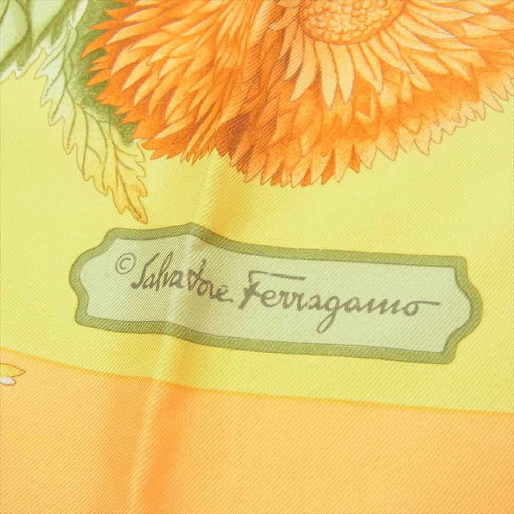 Salvatore Ferragamo サルヴァトーレフェラガモ イタリア製 シルク100％ フラワー ひまわり プリント 大判 スカーフ ストール オレンジ系【中古】
