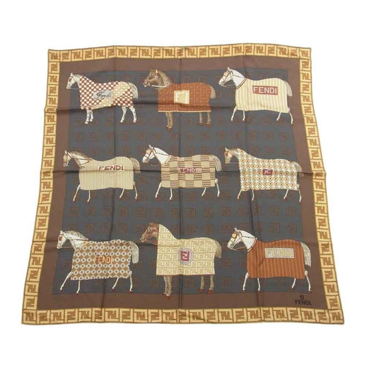 FENDI フェンディ イタリア製 シルク100％ ズッカ柄 馬 ホース 大判 スカーフ ストール+ ブラウン系【中古】