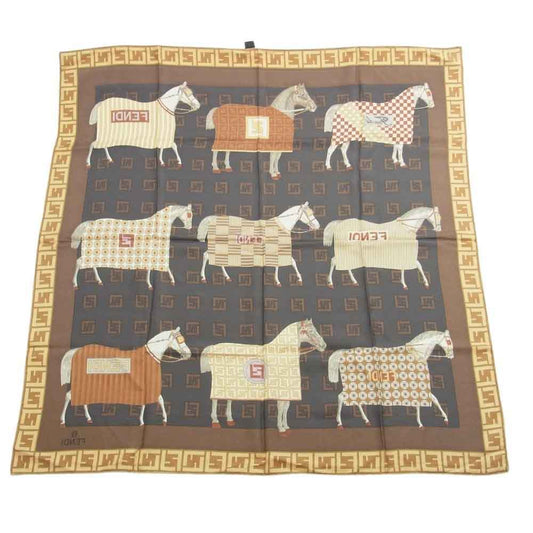 FENDI フェンディ イタリア製 シルク100％ ズッカ柄 馬 ホース 大判 スカーフ ストール+ ブラウン系【中古】