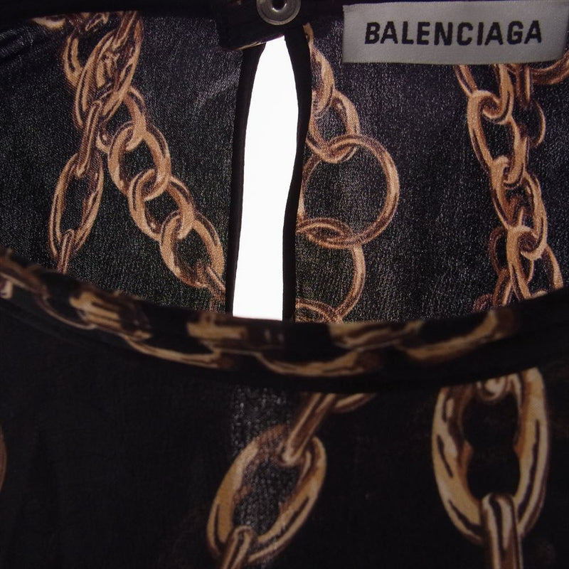 BALENCIAGA バレンシアガ 19AW 582850 チェーン 総柄 シルク 長袖 ロング ワンピース 裾アシンメトリー  ブラック系 40【美品】【中古】