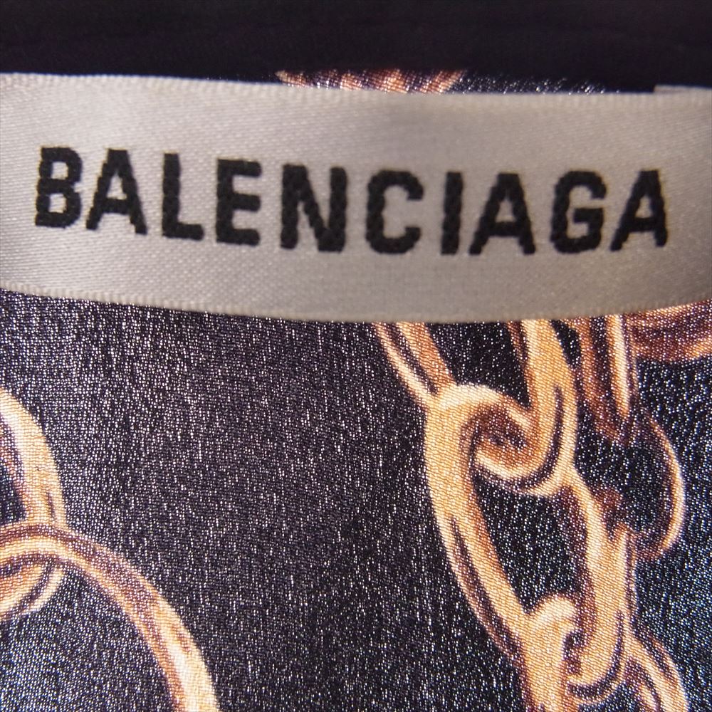 BALENCIAGA バレンシアガ 19AW 582850 チェーン 総柄 シルク 長袖 ロング ワンピース 裾アシンメトリー  ブラック系 40【美品】【中古】