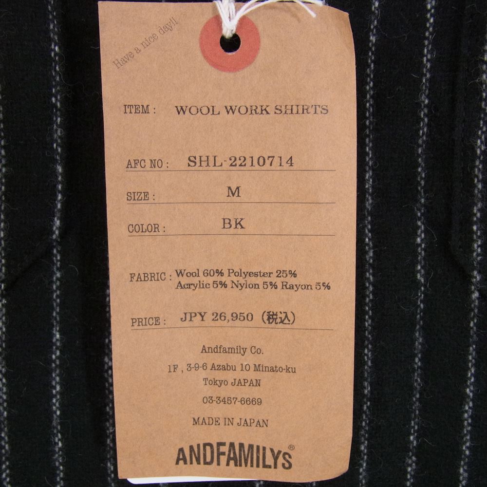 ANDFAMILYS アンドファミリー SHL-2210714 WOOL WORK SHIRTS ストライプ ウール ワーク 長袖 シャツ ブラック系 M【美品】【中古】