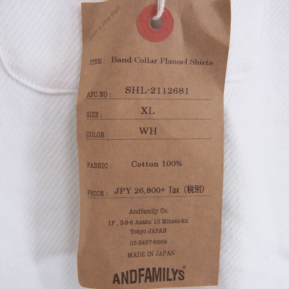 ANDFAMILYS アンドファミリー SHL-2112681 Band Collar Flannel Shirts バンドカラー フランネル 長袖 シャツ ホワイト系 XL【美品】【中古】