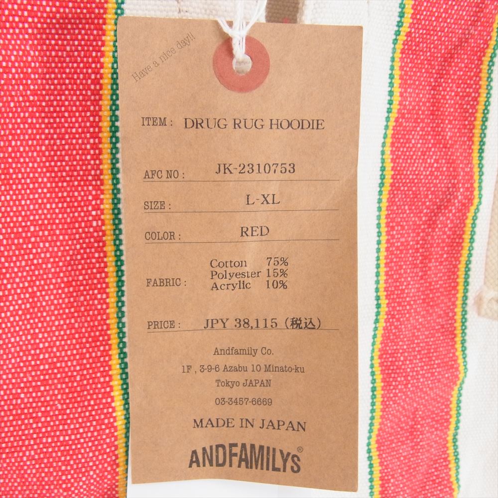ANDFAMILYS アンドファミリー JK-2310753 DRUG RUG HOODIE ドラッグ ラグ フーディ ジャケット パーカー レッド系 L【中古】