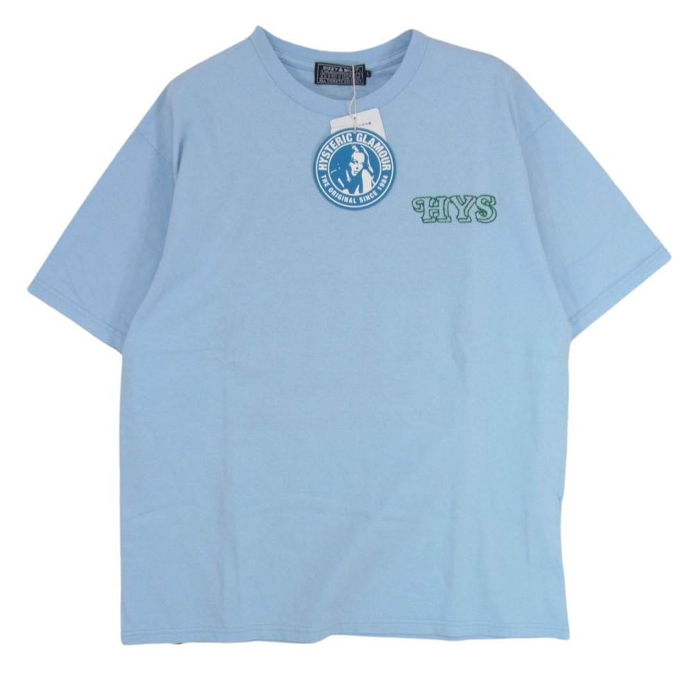 HYSTERIC GLAMOUR ヒステリックグラマー 22SS 02222CT09 TROPICAL ADVENTURES 刺繍 ガール ロゴ トロピカル アドベンチャー クルーネック 半袖 Tシャツ ライトブルー系 L【美品】【中古】