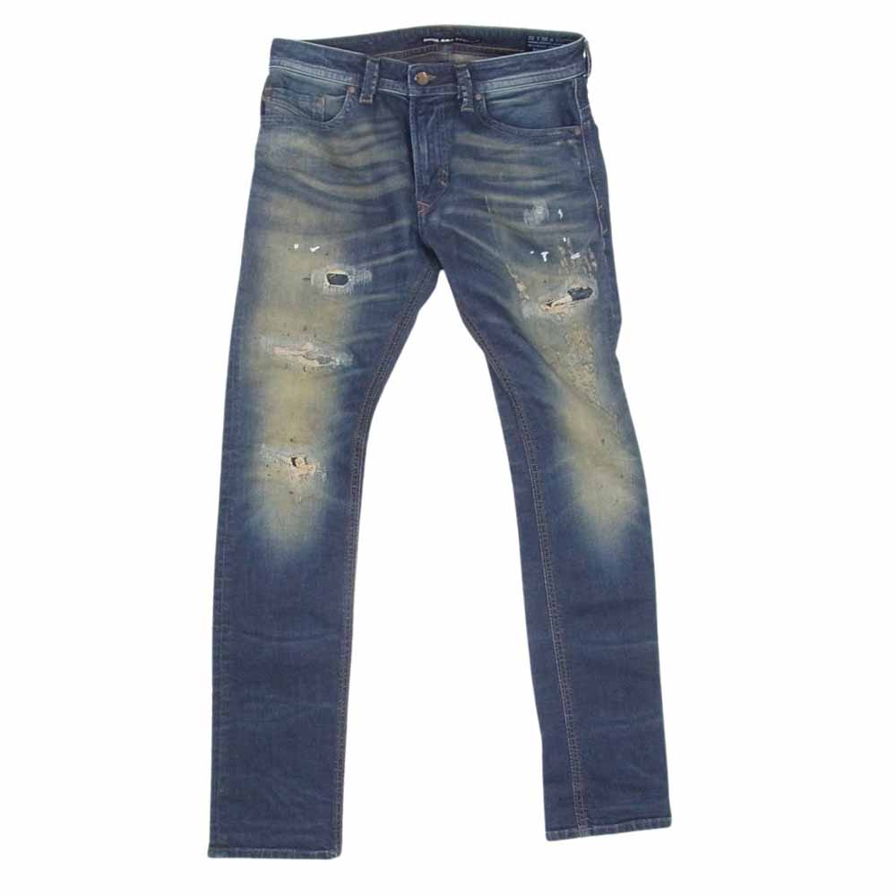 DIESEL ディーゼル DNA イタリア製 THAVAR 田バー ストレッチ デニム ダメージ加工 スキニー パンツ インディゴブルー系 30【中古】