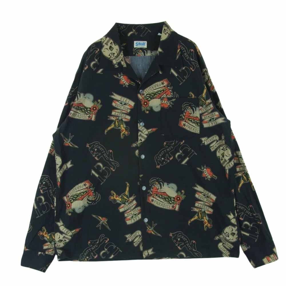 schott ショット 3115054 HAWAIIAN LS SHIRT TATTOO ハワイアン タトゥー オープンカラー 長袖 シャツ ブラック系 L【中古】
