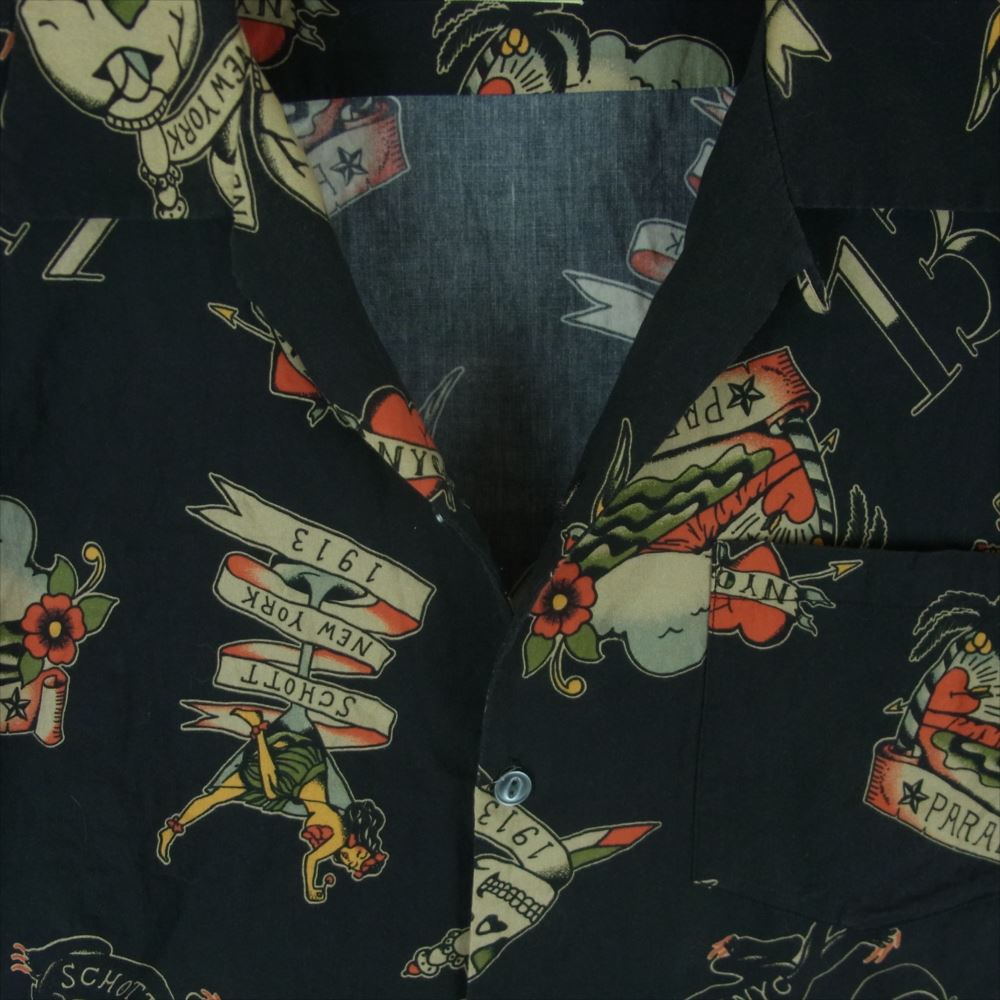 schott ショット 3115054 HAWAIIAN LS SHIRT TATTOO ハワイアン タトゥー オープンカラー 長袖 シャツ ブラック系 L【中古】